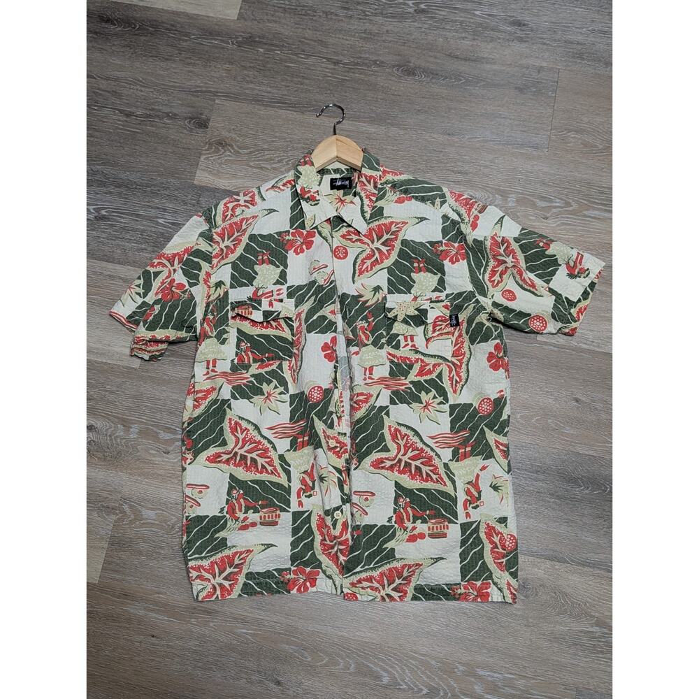 Vintage Stussy Hula Girl Hawaii Aloha Shirt L Seersucker AOP Streetwear Surf 90s